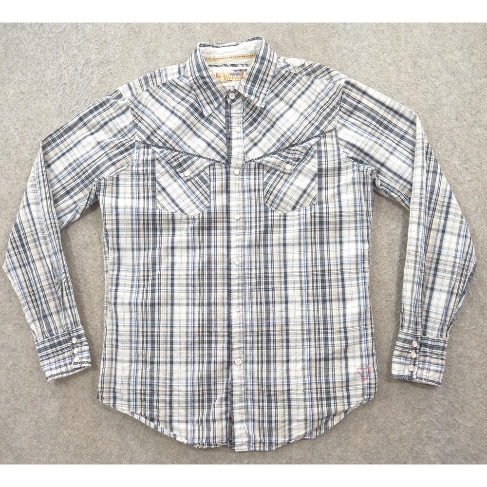 Guess Shirt Mens Medium White Blue Button Pearl Snap Long Sleeve Western Plaid